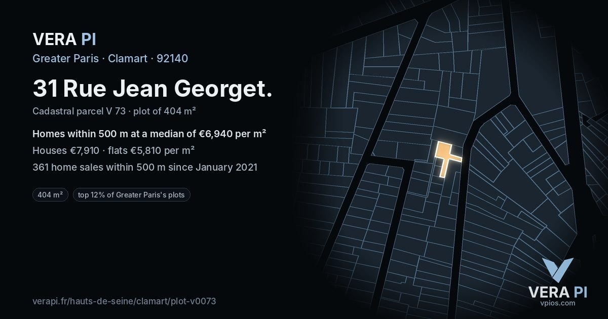 31 Rue Jean Georget, Clamart at night – the plot lit, the parcels around coloured by the prices near them