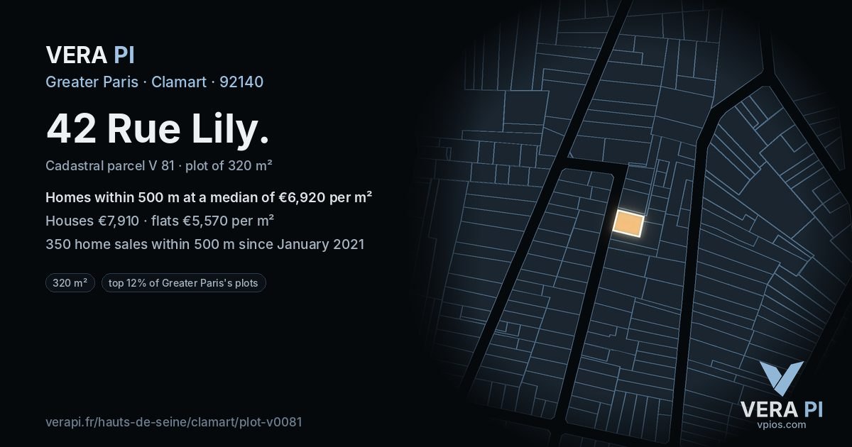 42 Rue Lily, Clamart at night – the plot lit, the parcels around coloured by the prices near them