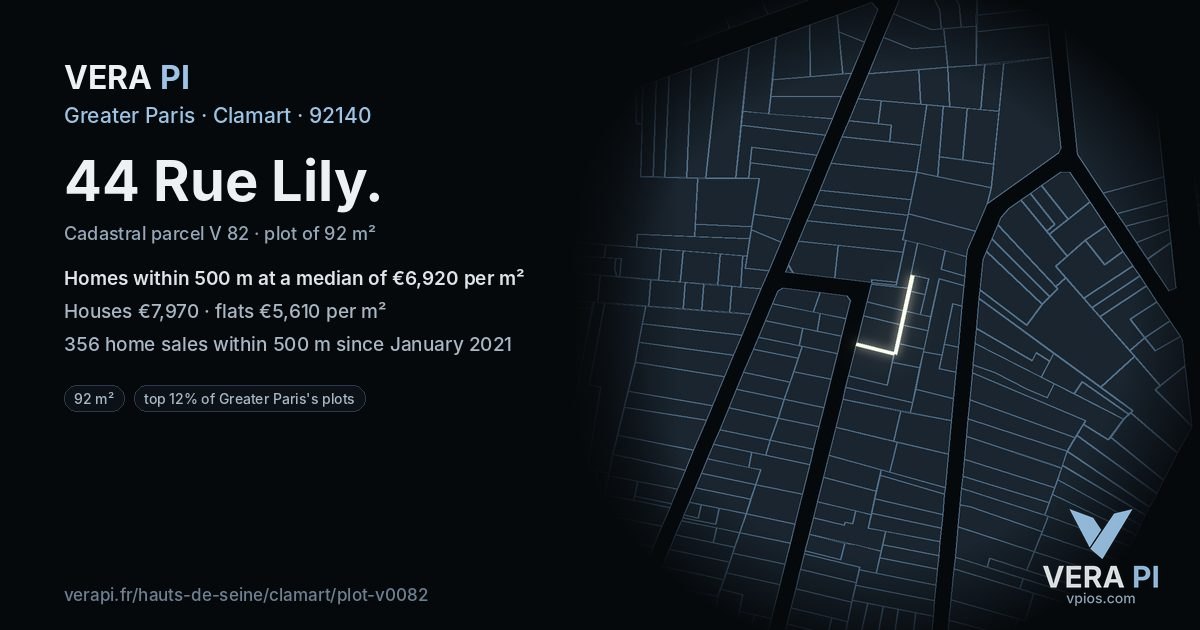 44 Rue Lily, Clamart at night – the plot lit, the parcels around coloured by the prices near them