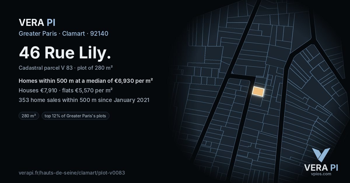 46 Rue Lily, Clamart at night – the plot lit, the parcels around coloured by the prices near them