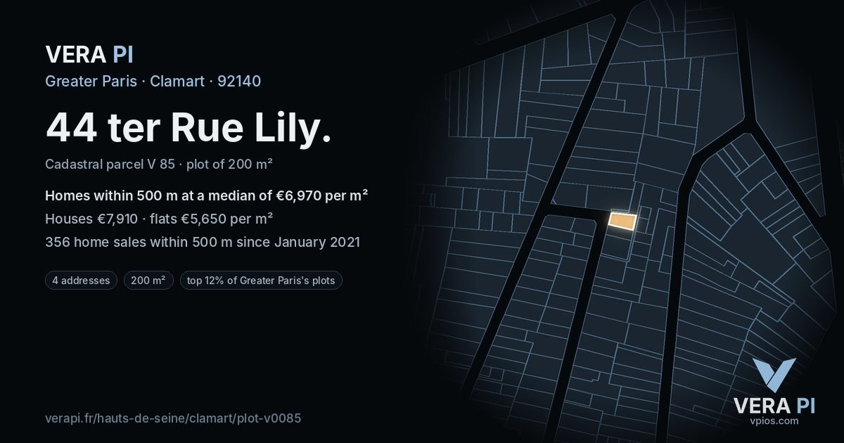 44 ter Rue Lily, Clamart at night – the plot lit, the parcels around coloured by the prices near them
