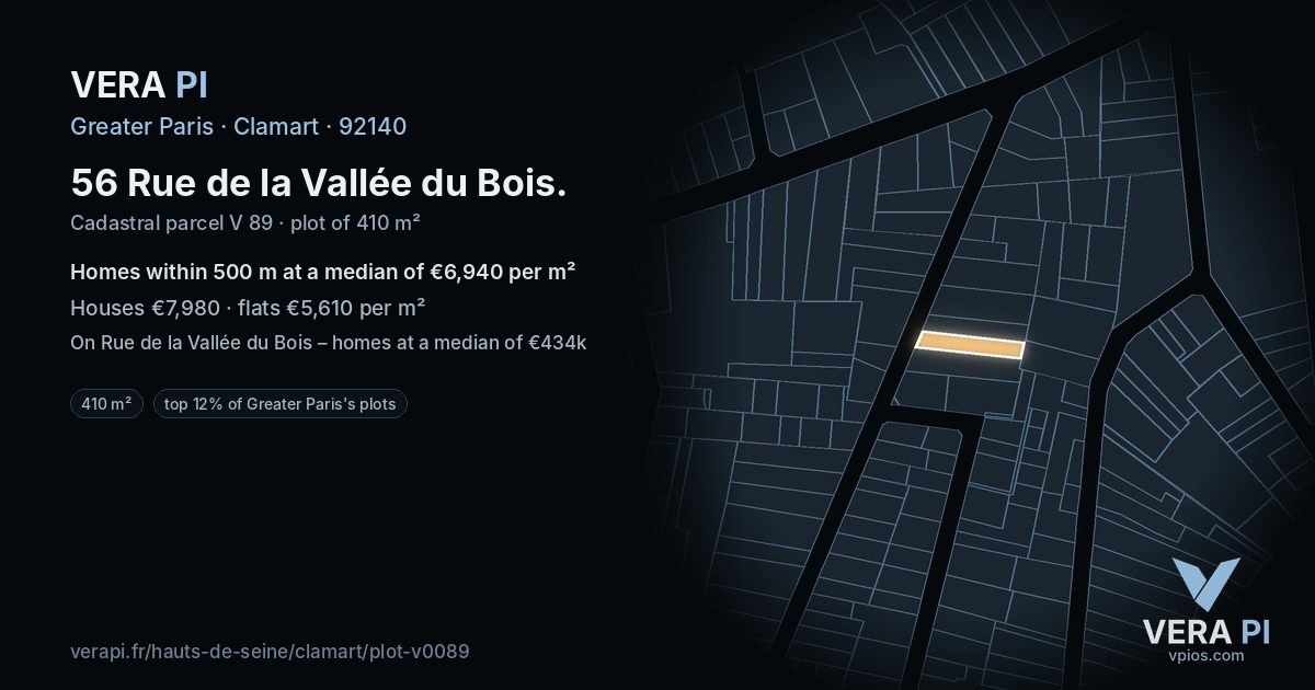 56 Rue de la Vallée du Bois, Clamart at night – the plot lit, the parcels around coloured by the prices near them