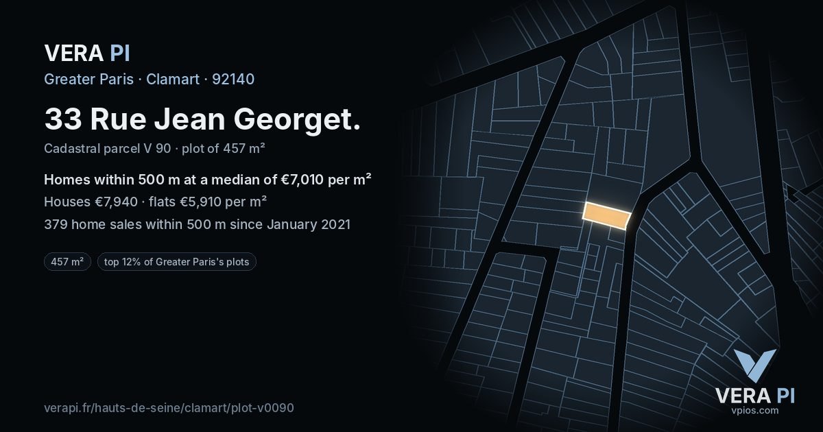 33 Rue Jean Georget, Clamart at night – the plot lit, the parcels around coloured by the prices near them