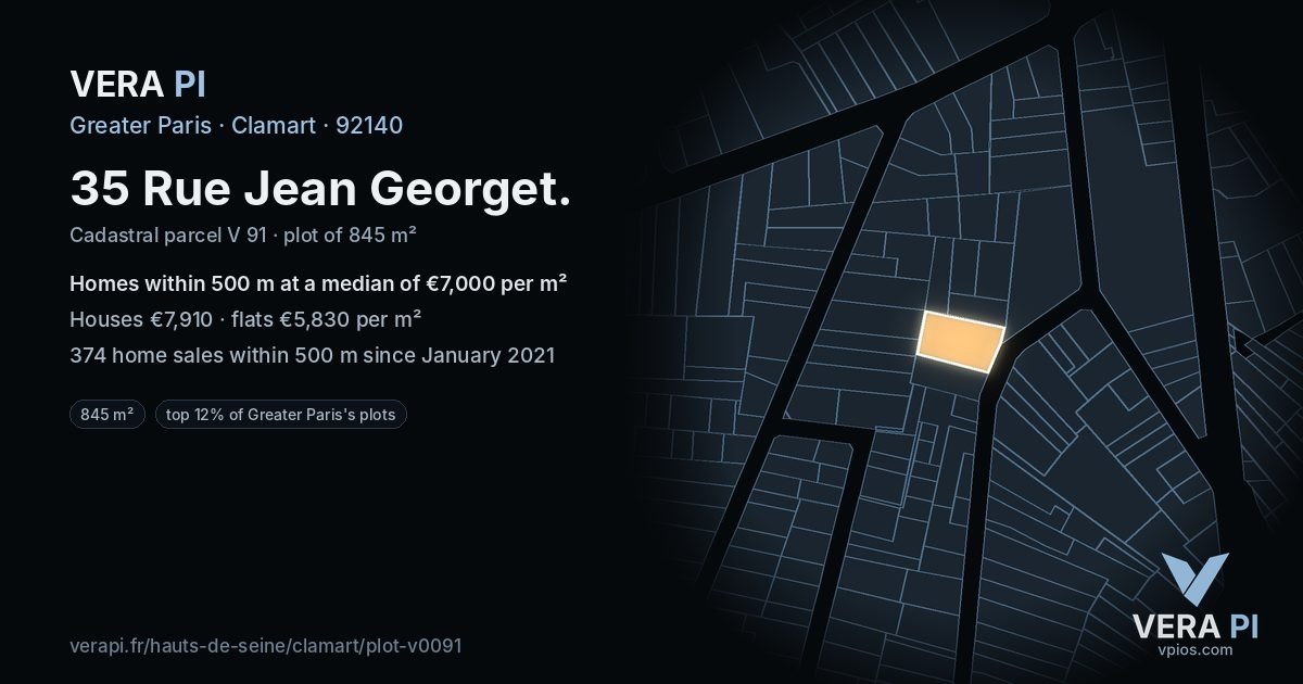 35 Rue Jean Georget, Clamart at night – the plot lit, the parcels around coloured by the prices near them