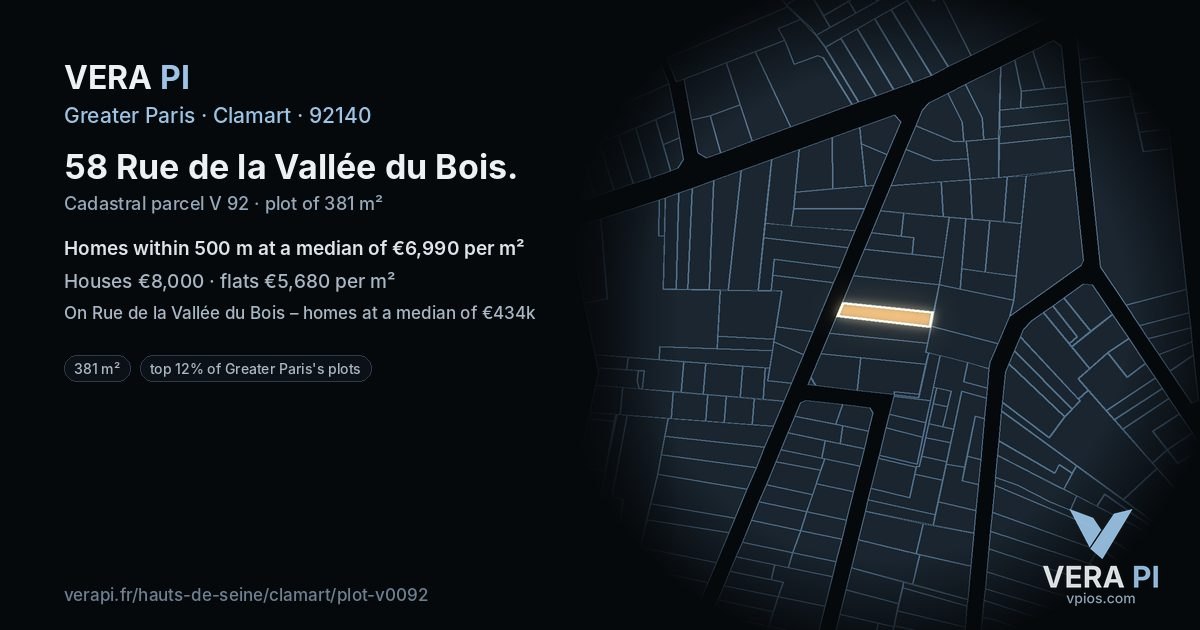 58 Rue de la Vallée du Bois, Clamart at night – the plot lit, the parcels around coloured by the prices near them