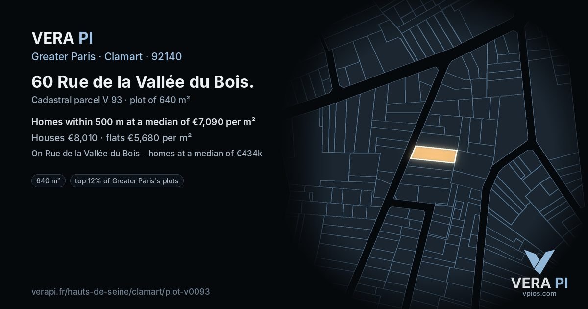 60 Rue de la Vallée du Bois, Clamart at night – the plot lit, the parcels around coloured by the prices near them