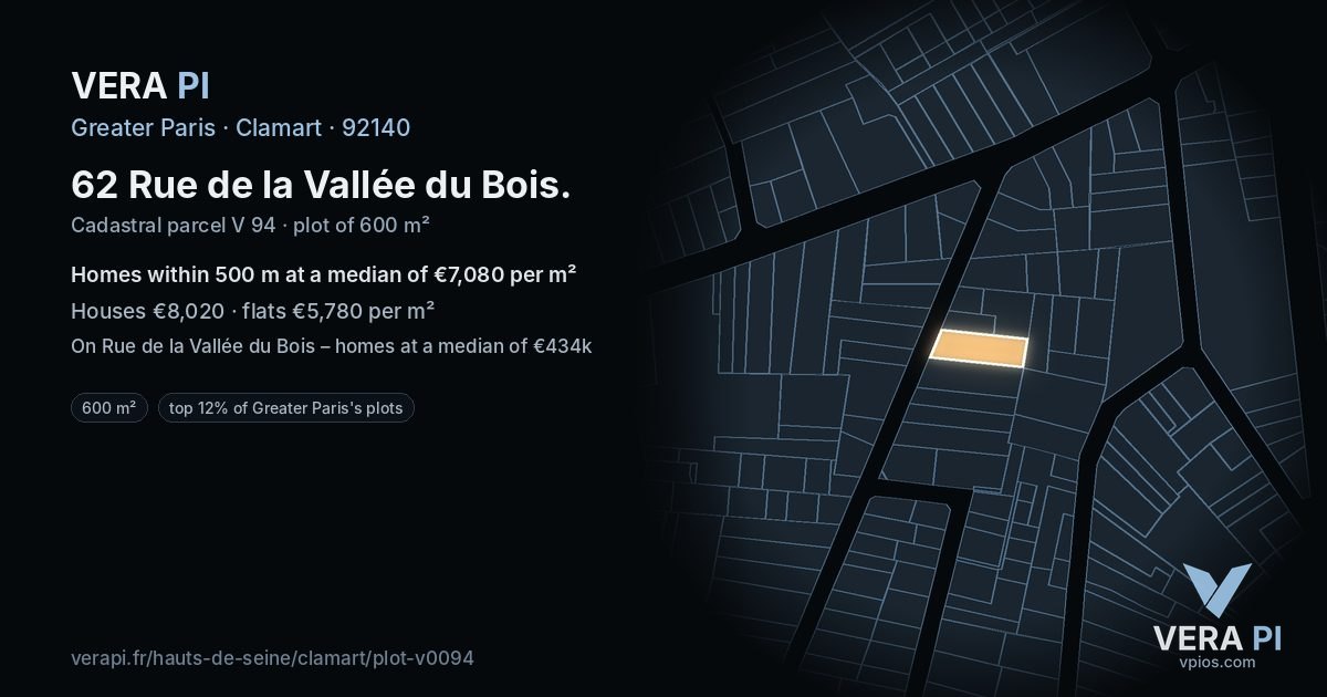 62 Rue de la Vallée du Bois, Clamart at night – the plot lit, the parcels around coloured by the prices near them