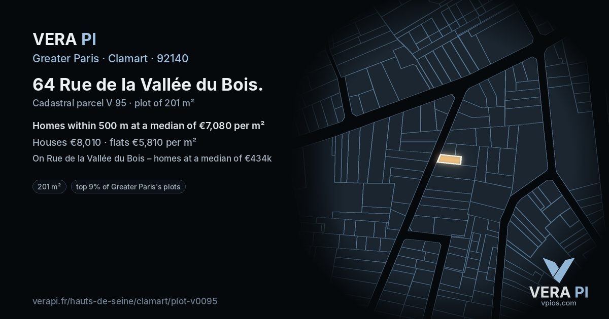 64 Rue de la Vallée du Bois, Clamart at night – the plot lit, the parcels around coloured by the prices near them