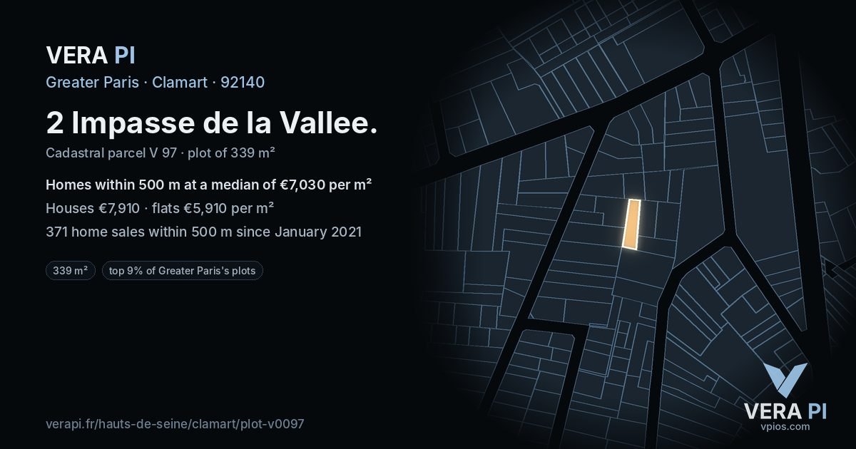 2 Impasse de la Vallee, Clamart at night – the plot lit, the parcels around coloured by the prices near them