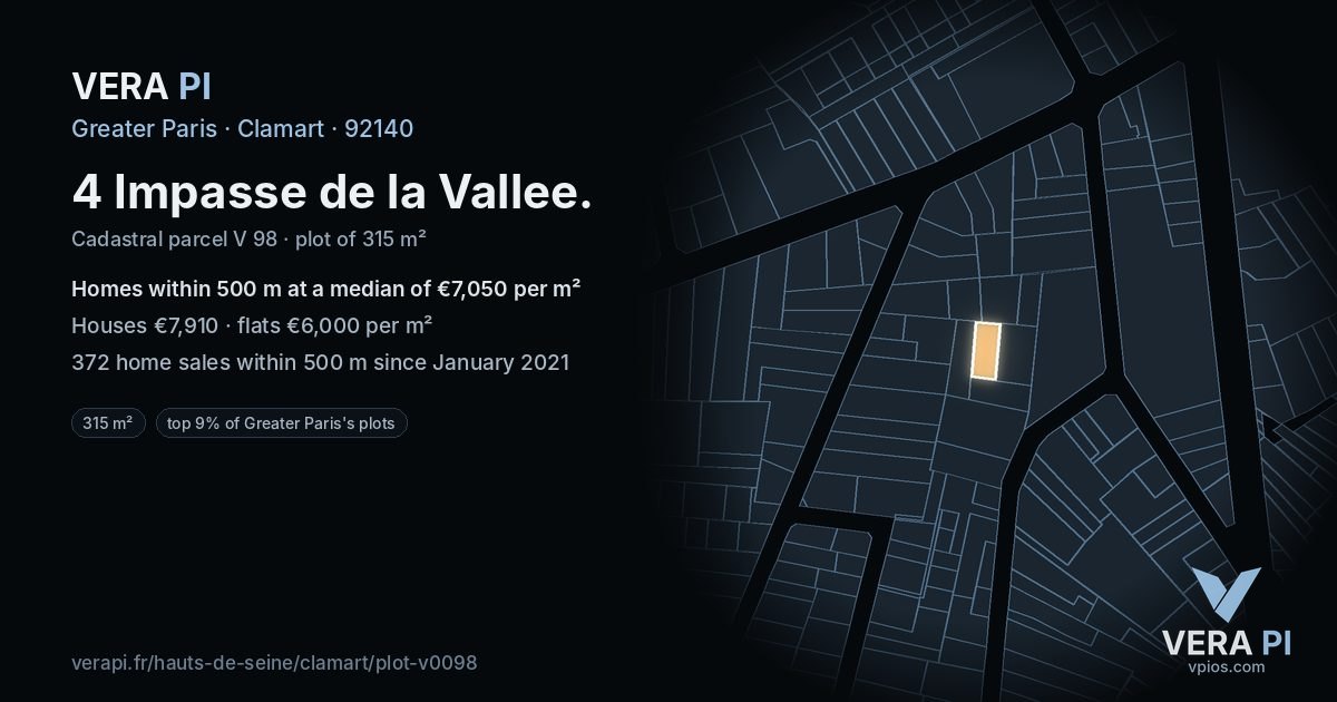 4 Impasse de la Vallee, Clamart at night – the plot lit, the parcels around coloured by the prices near them