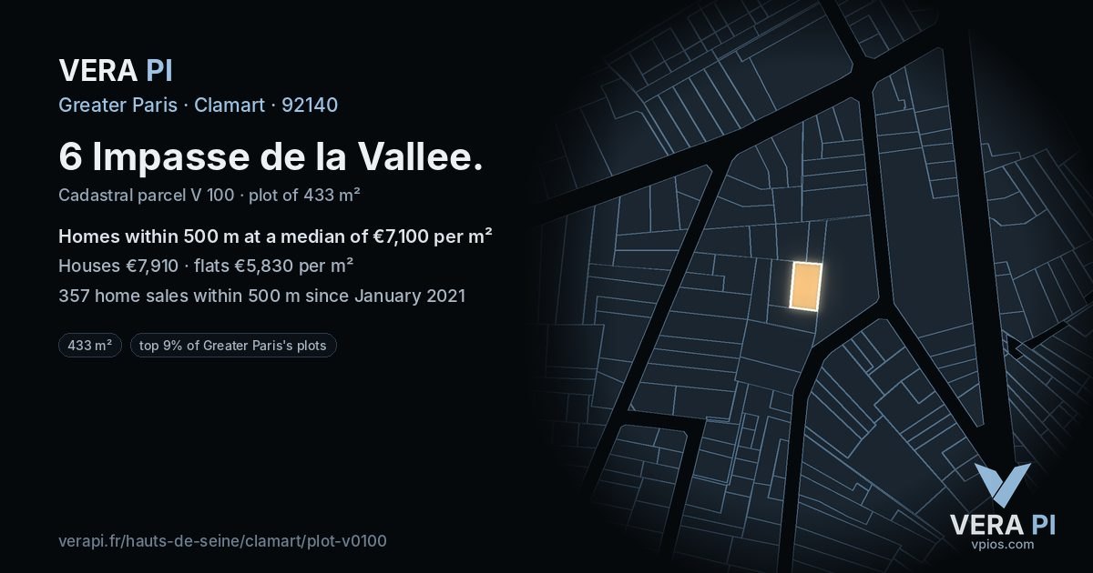 6 Impasse de la Vallee, Clamart at night – the plot lit, the parcels around coloured by the prices near them