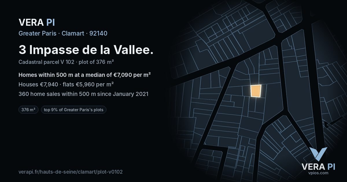 3 Impasse de la Vallee, Clamart at night – the plot lit, the parcels around coloured by the prices near them