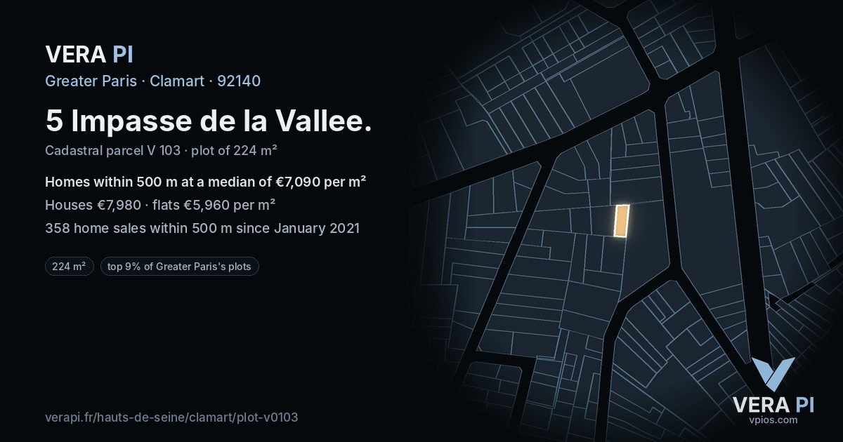 5 Impasse de la Vallee, Clamart at night – the plot lit, the parcels around coloured by the prices near them