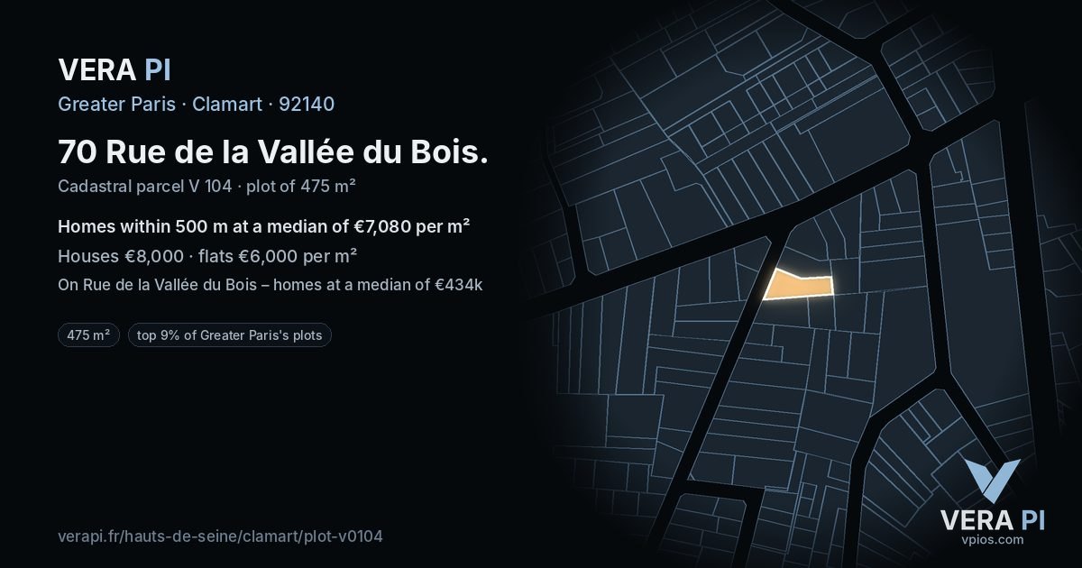 70 Rue de la Vallée du Bois, Clamart at night – the plot lit, the parcels around coloured by the prices near them