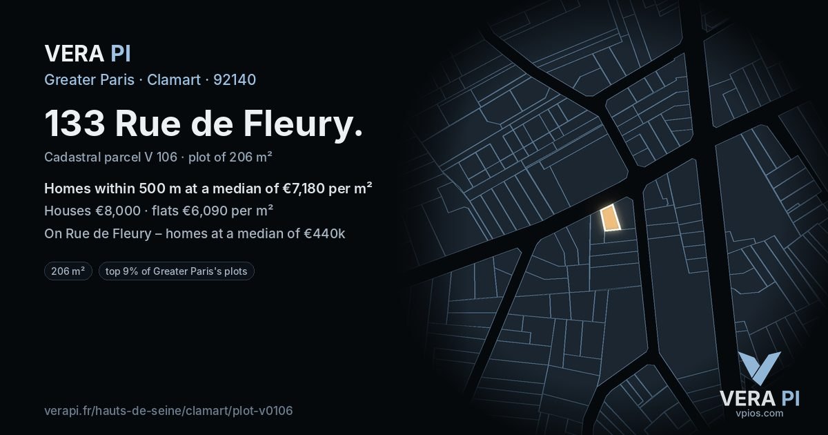 133 Rue de Fleury, Clamart at night – the plot lit, the parcels around coloured by the prices near them