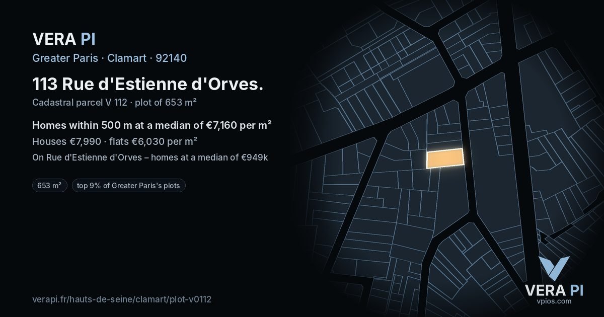 113 Rue d'Estienne d'Orves, Clamart at night – the plot lit, the parcels around coloured by the prices near them