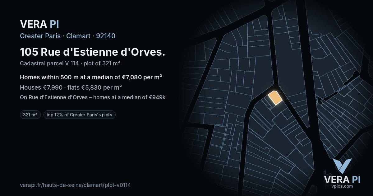 105 Rue d'Estienne d'Orves, Clamart at night – the plot lit, the parcels around coloured by the prices near them