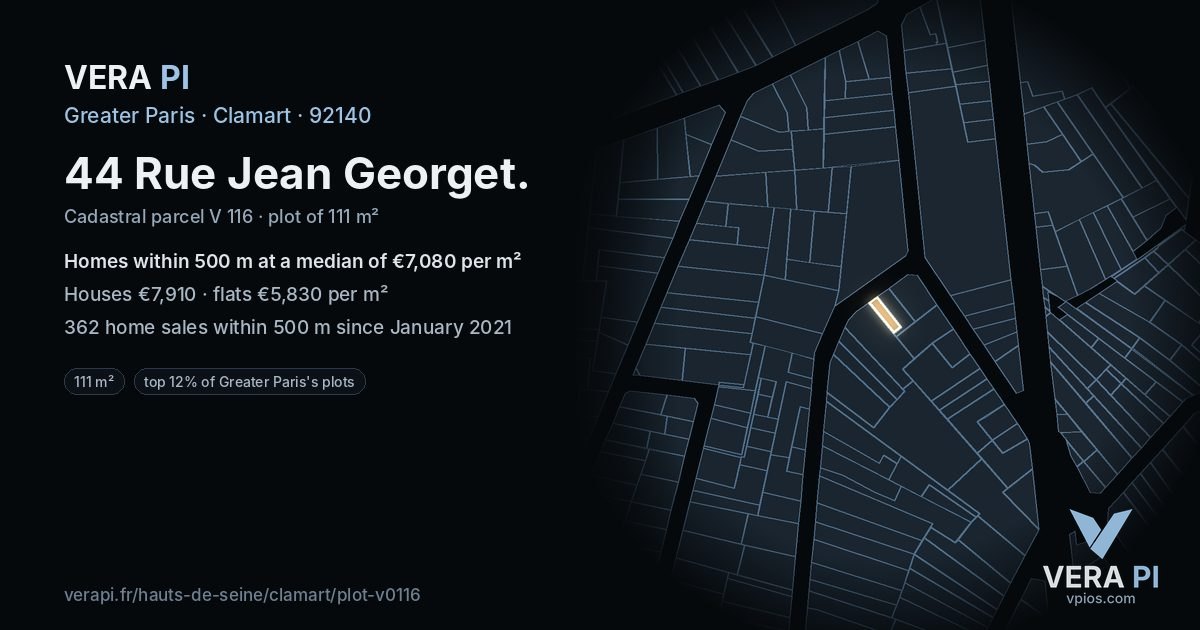 44 Rue Jean Georget, Clamart at night – the plot lit, the parcels around coloured by the prices near them
