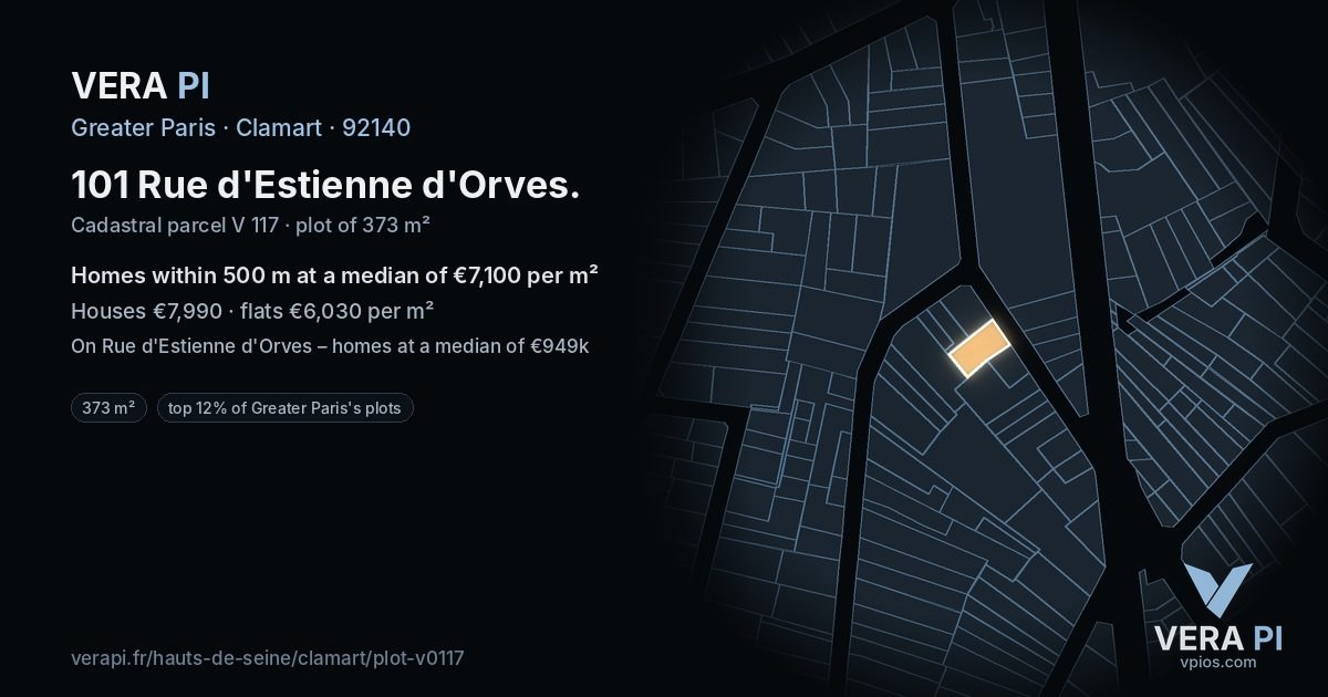 101 Rue d'Estienne d'Orves, Clamart at night – the plot lit, the parcels around coloured by the prices near them