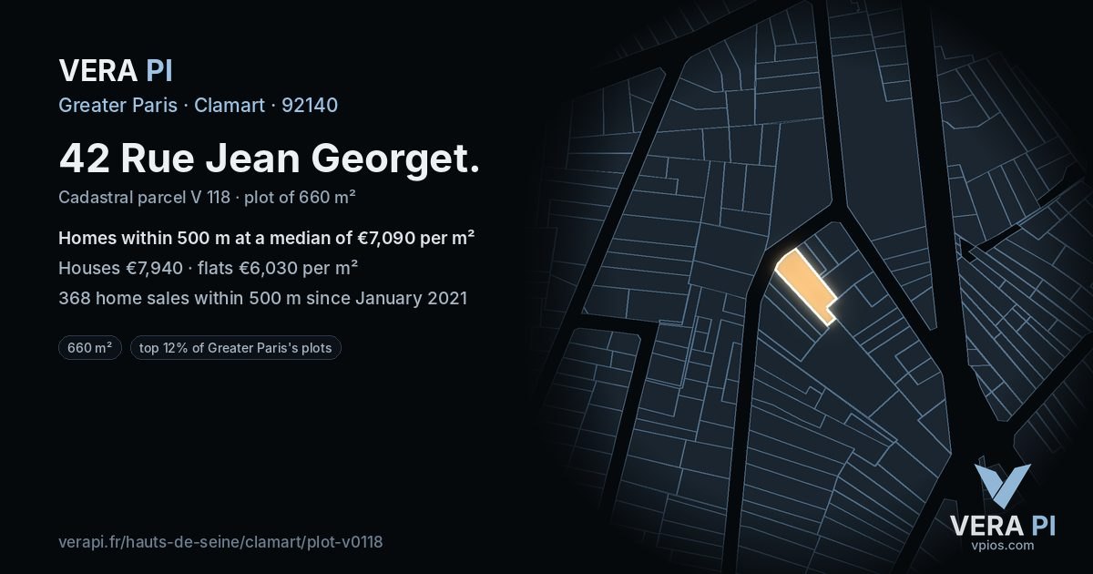 42 Rue Jean Georget, Clamart at night – the plot lit, the parcels around coloured by the prices near them