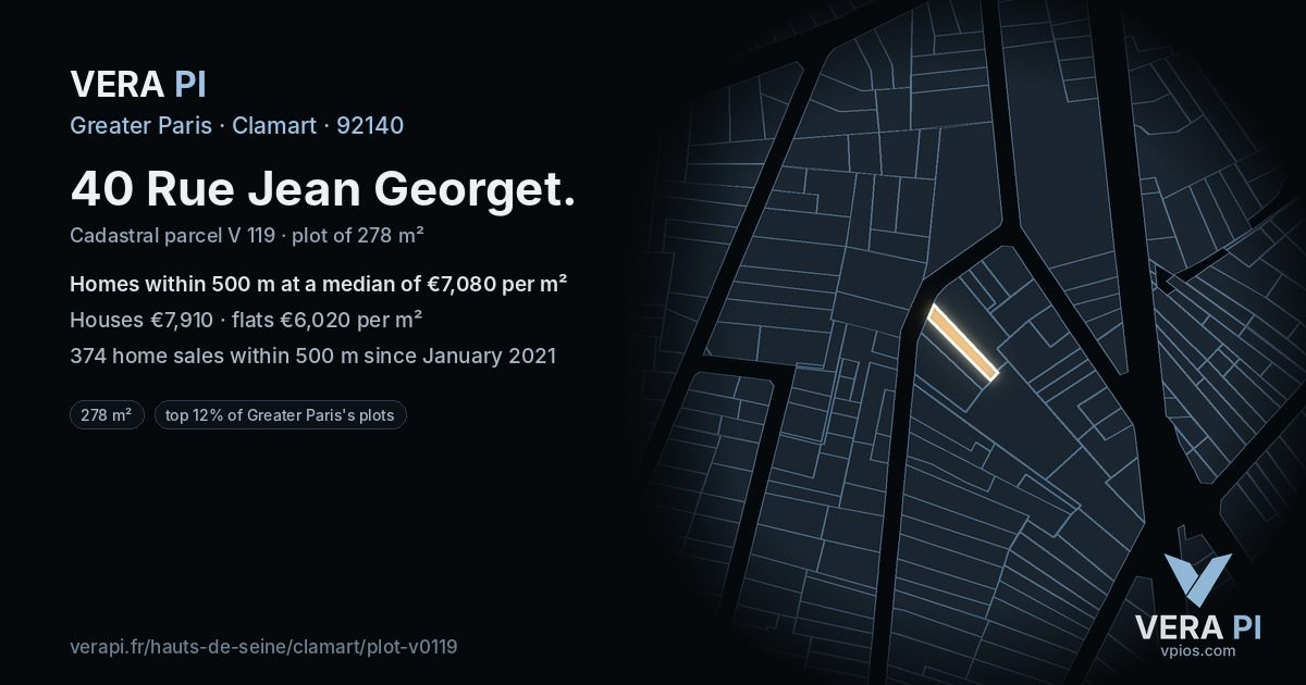 40 Rue Jean Georget, Clamart at night – the plot lit, the parcels around coloured by the prices near them