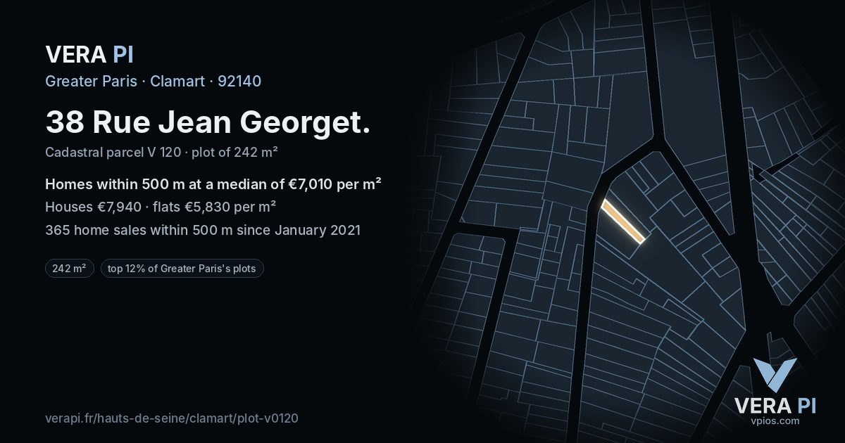 38 Rue Jean Georget, Clamart at night – the plot lit, the parcels around coloured by the prices near them