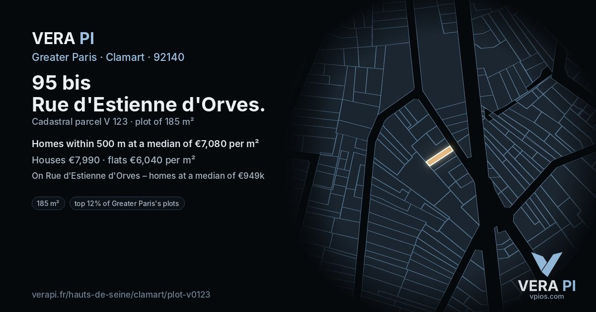 95 bis Rue d'Estienne d'Orves, Clamart at night – the plot lit, the parcels around coloured by the prices near them
