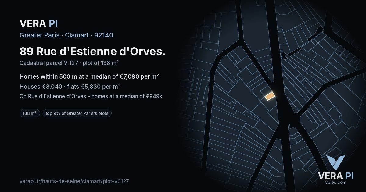 89 Rue d'Estienne d'Orves, Clamart at night – the plot lit, the parcels around coloured by the prices near them