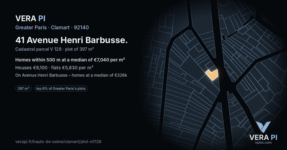 41 Avenue Henri Barbusse, Clamart at night – the plot lit, the parcels around coloured by the prices near them