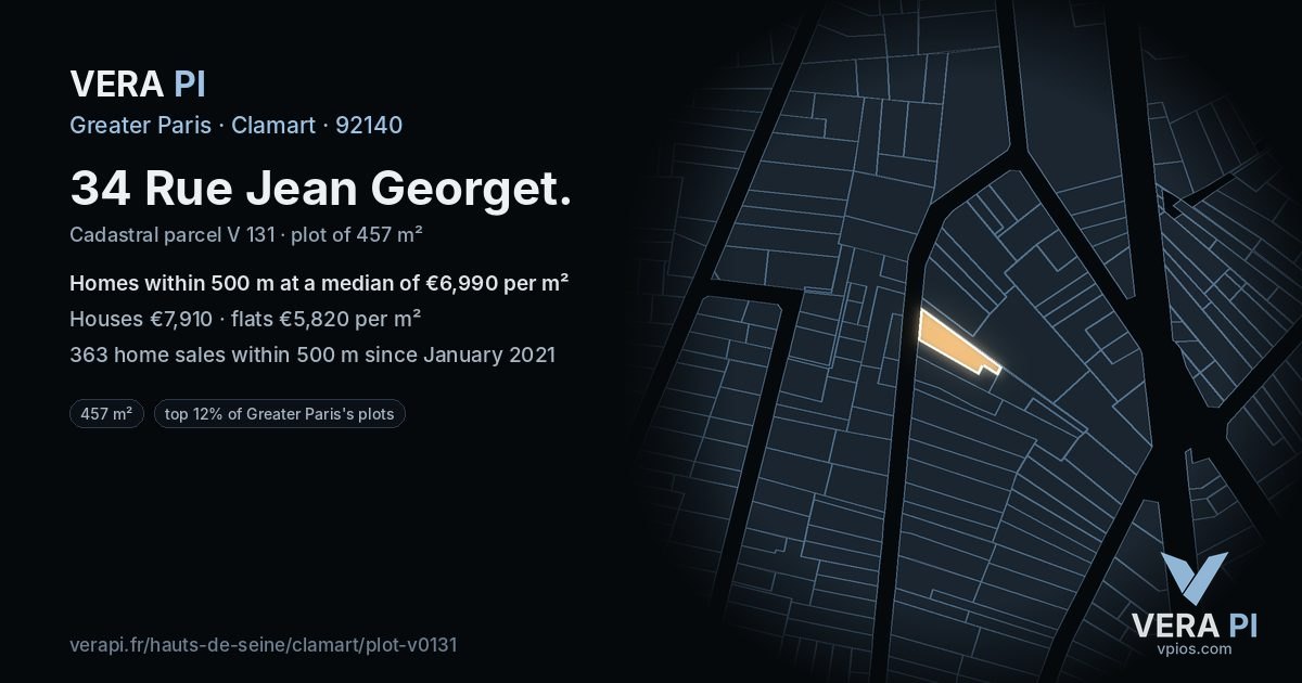 34 Rue Jean Georget, Clamart at night – the plot lit, the parcels around coloured by the prices near them