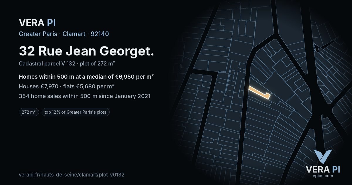 32 Rue Jean Georget, Clamart at night – the plot lit, the parcels around coloured by the prices near them