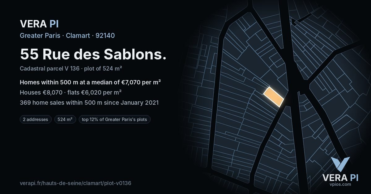 55 Rue des Sablons, Clamart at night – the plot lit, the parcels around coloured by the prices near them