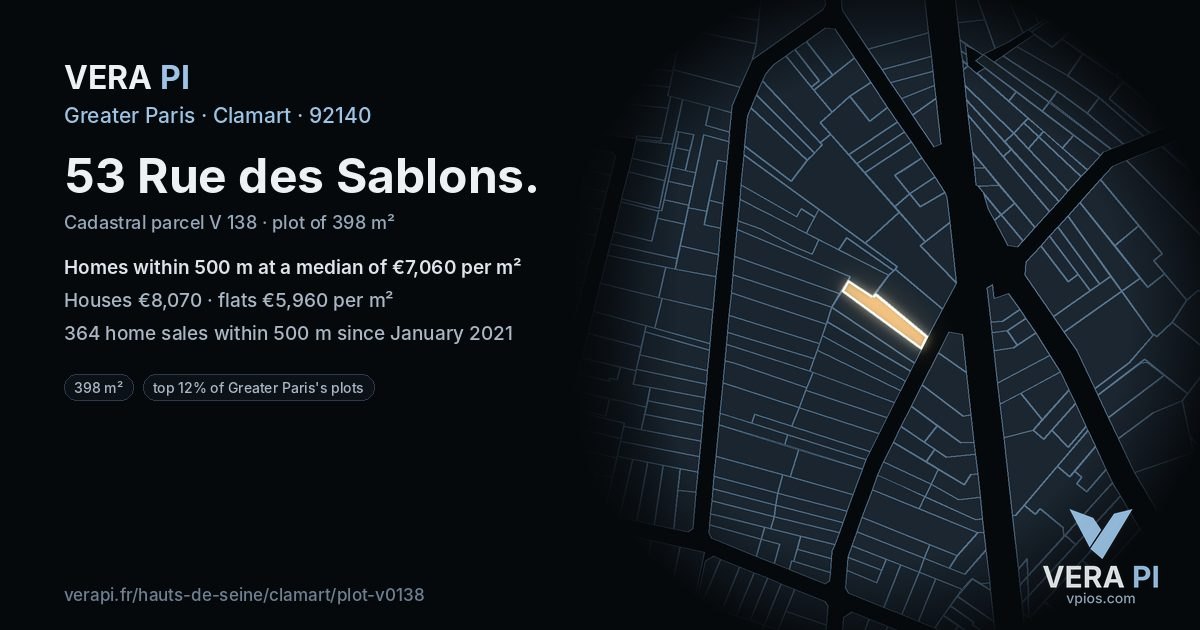 53 Rue des Sablons, Clamart at night – the plot lit, the parcels around coloured by the prices near them