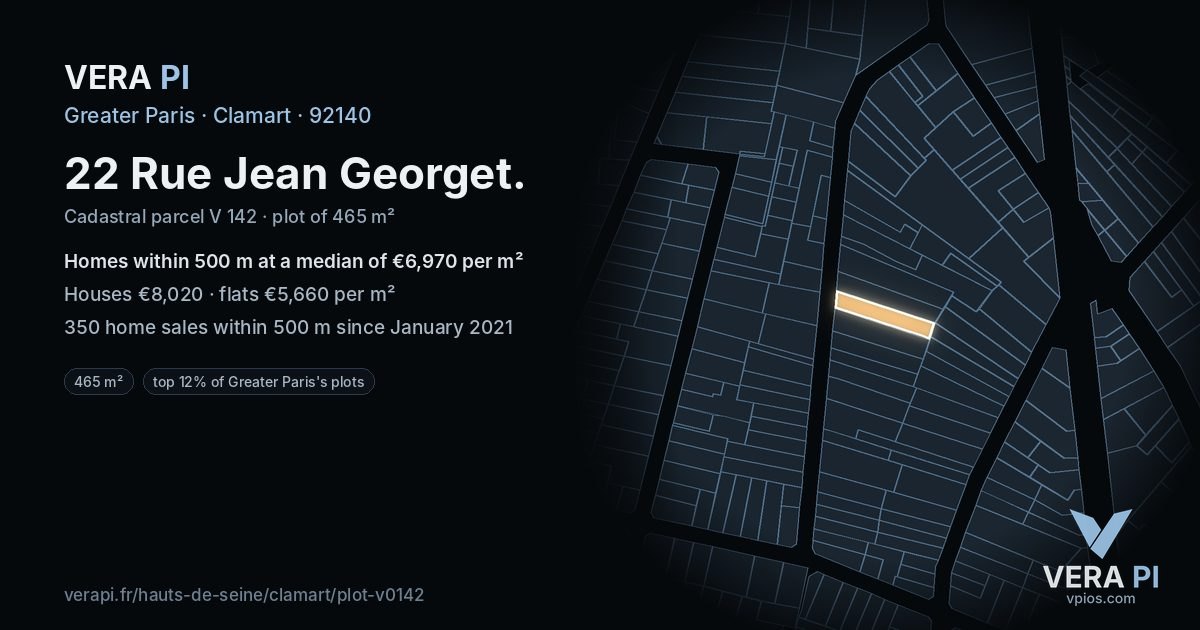22 Rue Jean Georget, Clamart at night – the plot lit, the parcels around coloured by the prices near them
