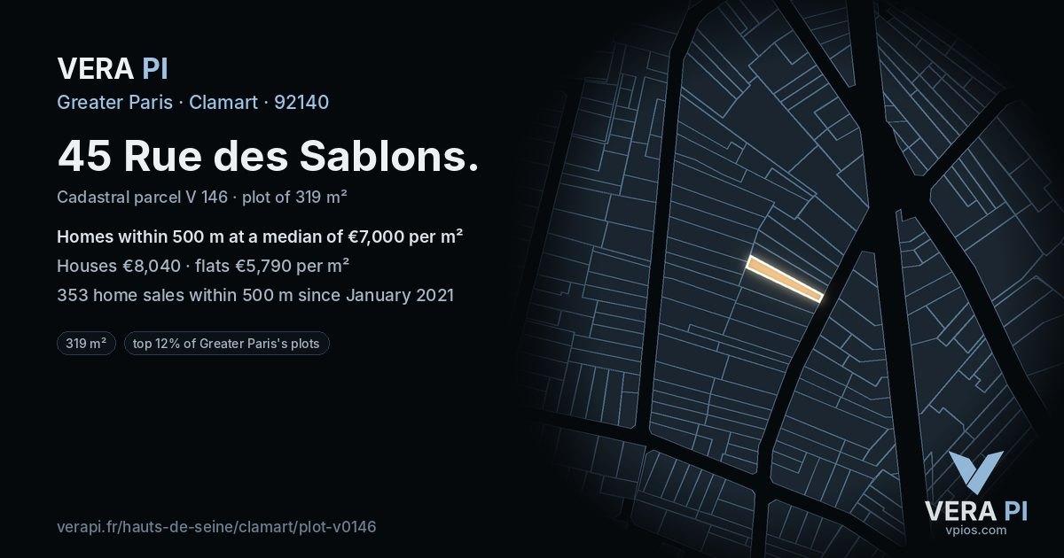 45 Rue des Sablons, Clamart at night – the plot lit, the parcels around coloured by the prices near them