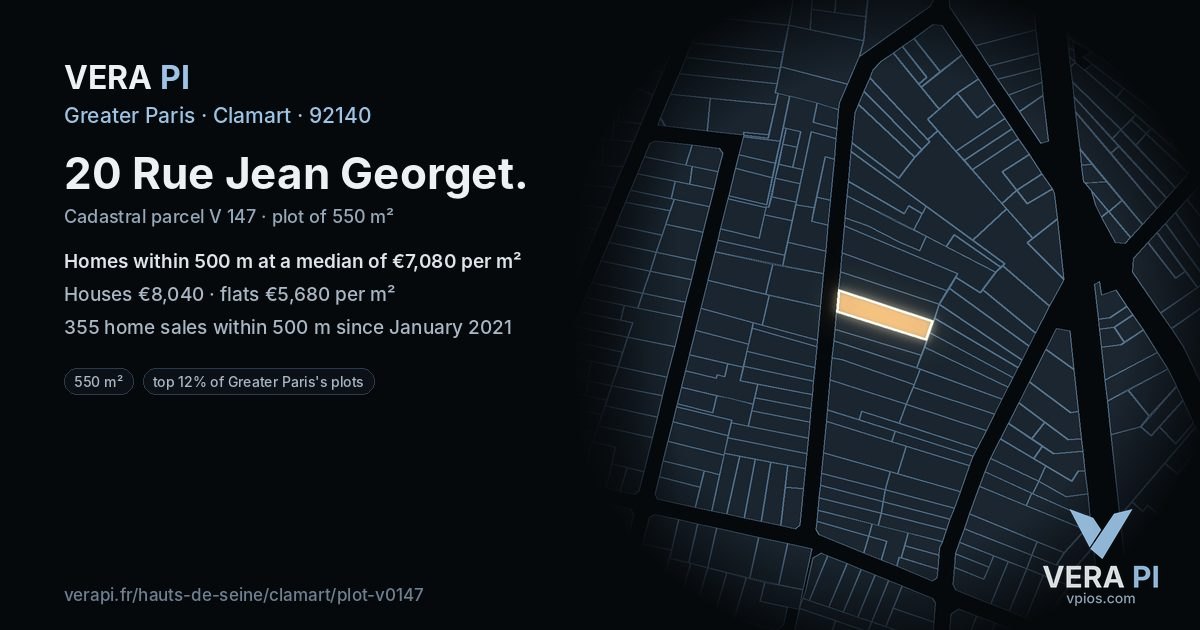 20 Rue Jean Georget, Clamart at night – the plot lit, the parcels around coloured by the prices near them