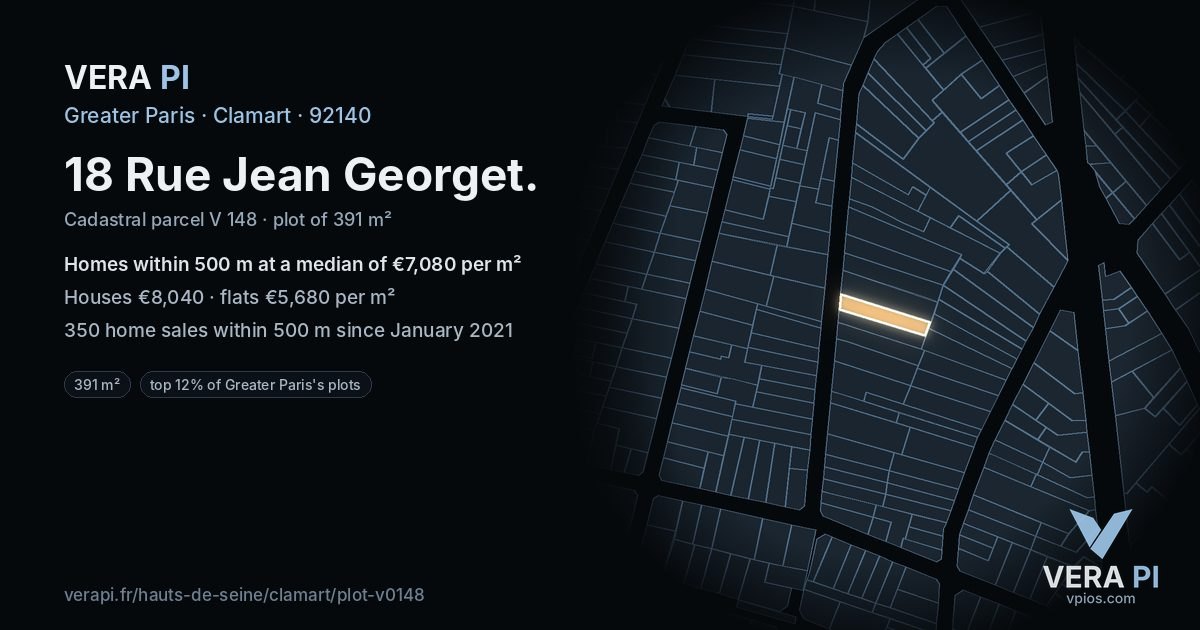 18 Rue Jean Georget, Clamart at night – the plot lit, the parcels around coloured by the prices near them