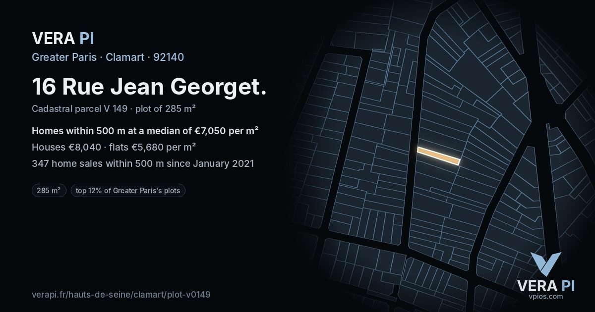 16 Rue Jean Georget, Clamart at night – the plot lit, the parcels around coloured by the prices near them