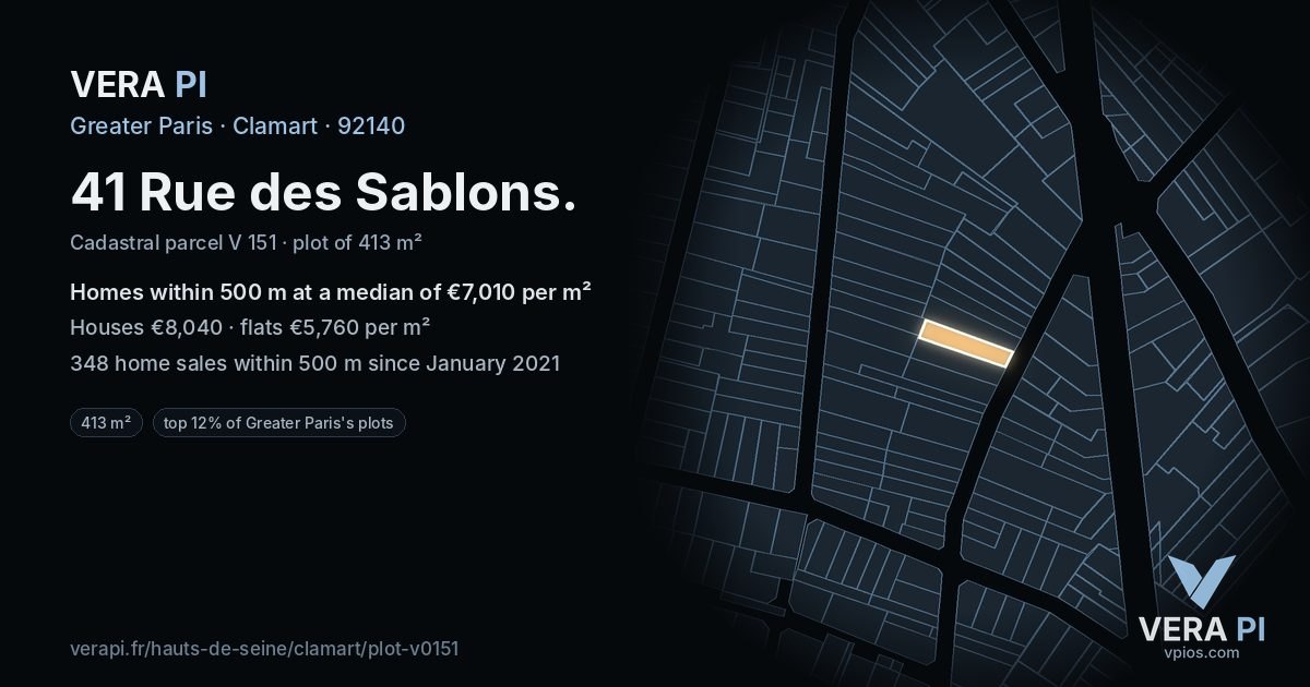 41 Rue des Sablons, Clamart at night – the plot lit, the parcels around coloured by the prices near them