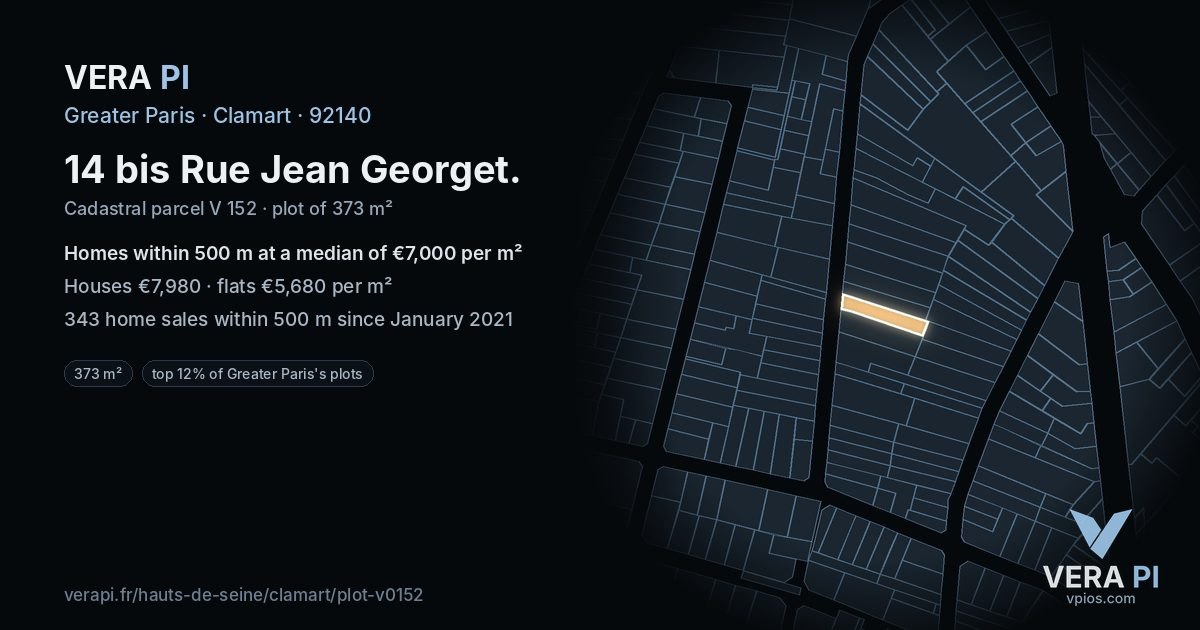14 bis Rue Jean Georget, Clamart at night – the plot lit, the parcels around coloured by the prices near them