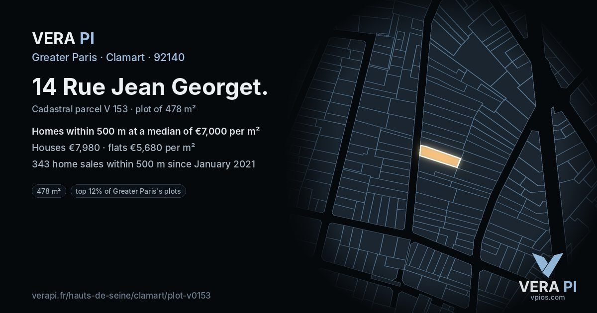 14 Rue Jean Georget, Clamart at night – the plot lit, the parcels around coloured by the prices near them