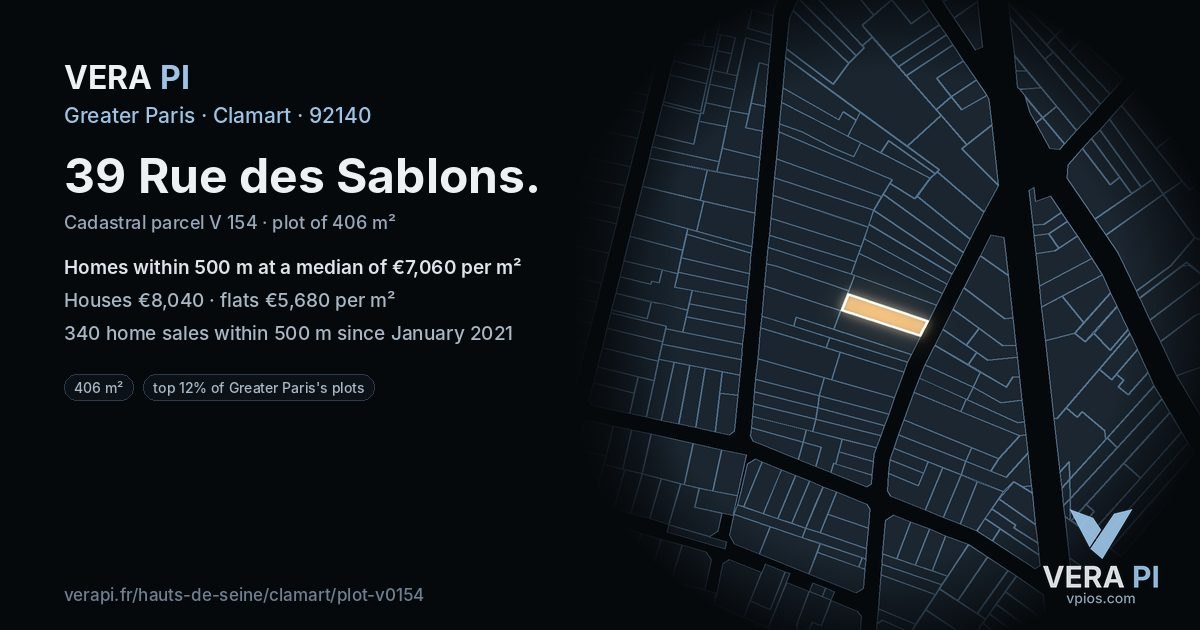 39 Rue des Sablons, Clamart at night – the plot lit, the parcels around coloured by the prices near them