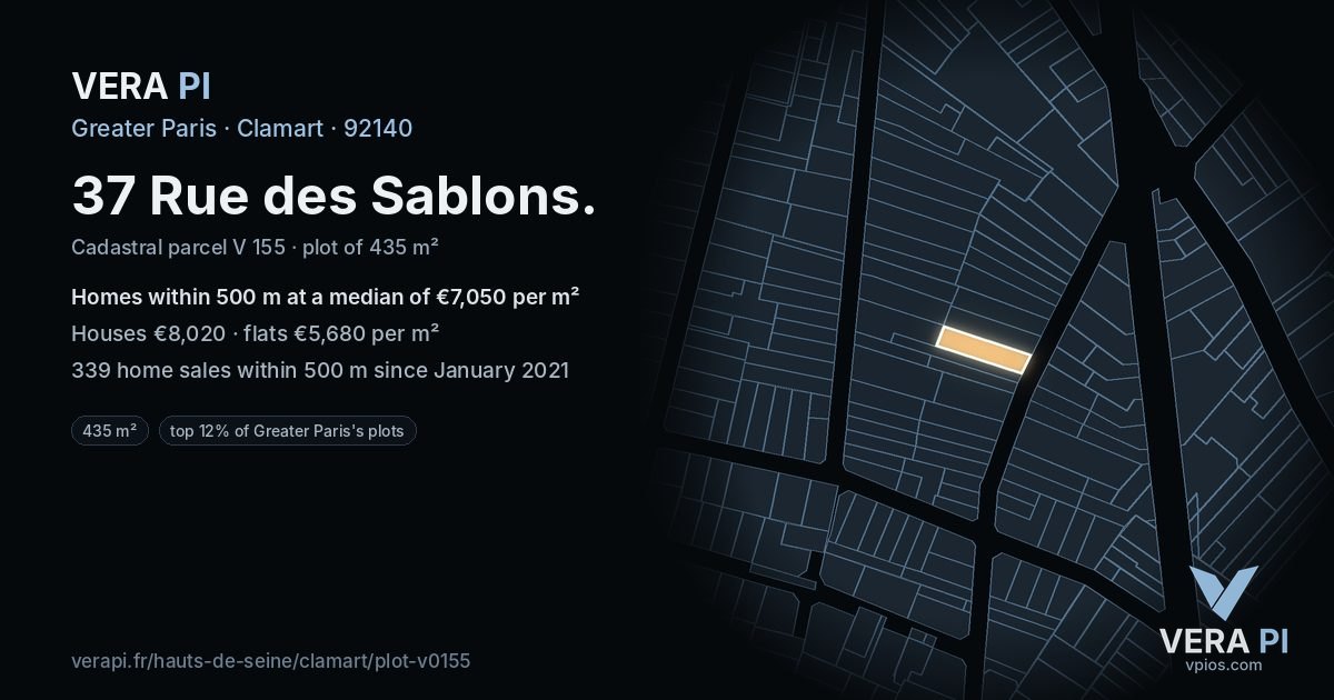 37 Rue des Sablons, Clamart at night – the plot lit, the parcels around coloured by the prices near them