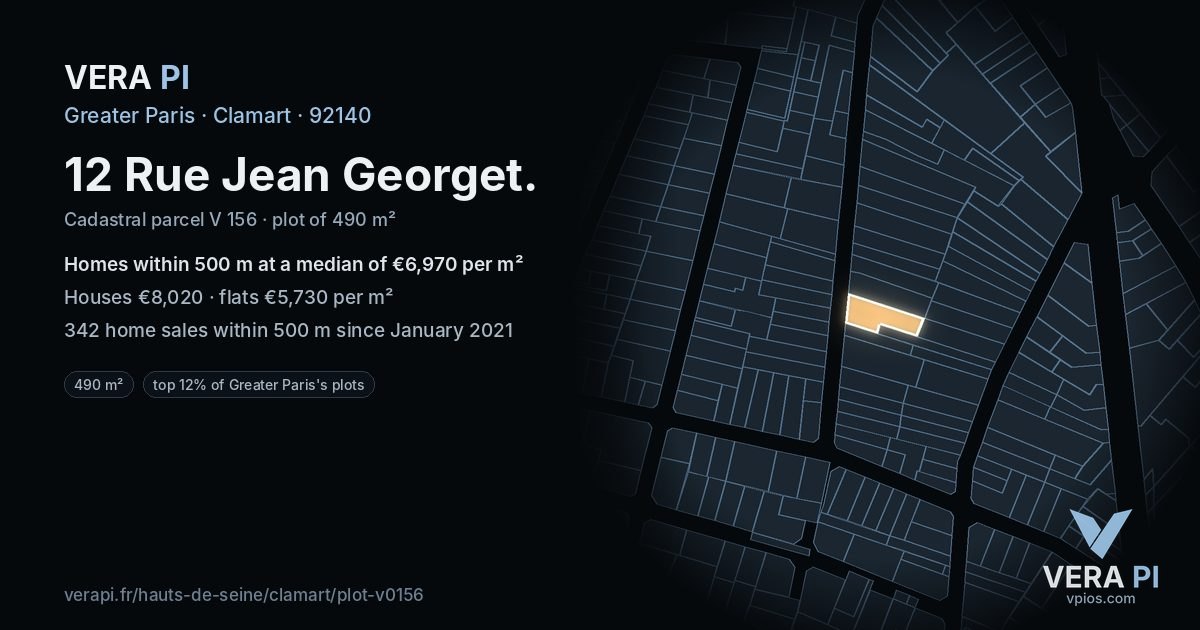 12 Rue Jean Georget, Clamart at night – the plot lit, the parcels around coloured by the prices near them
