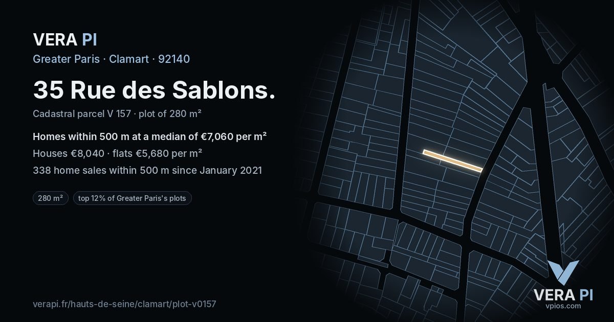 35 Rue des Sablons, Clamart at night – the plot lit, the parcels around coloured by the prices near them