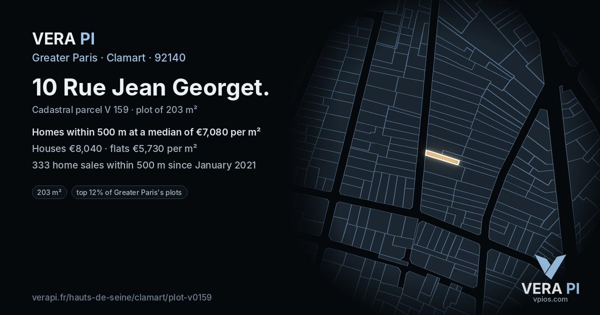 10 Rue Jean Georget, Clamart at night – the plot lit, the parcels around coloured by the prices near them