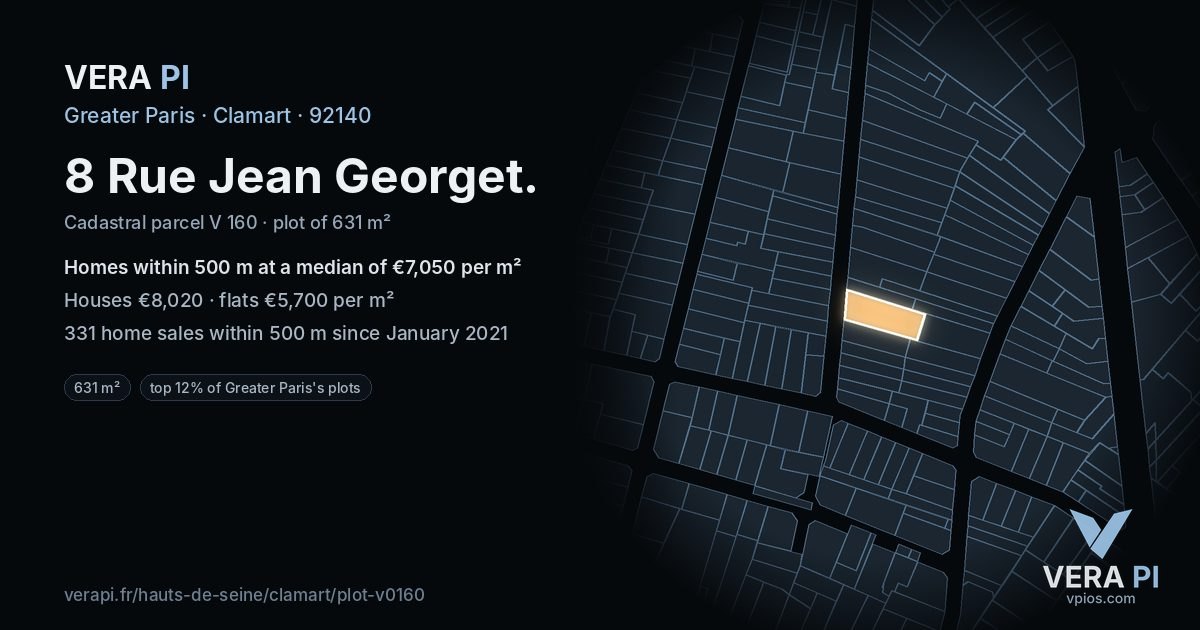 8 Rue Jean Georget, Clamart at night – the plot lit, the parcels around coloured by the prices near them
