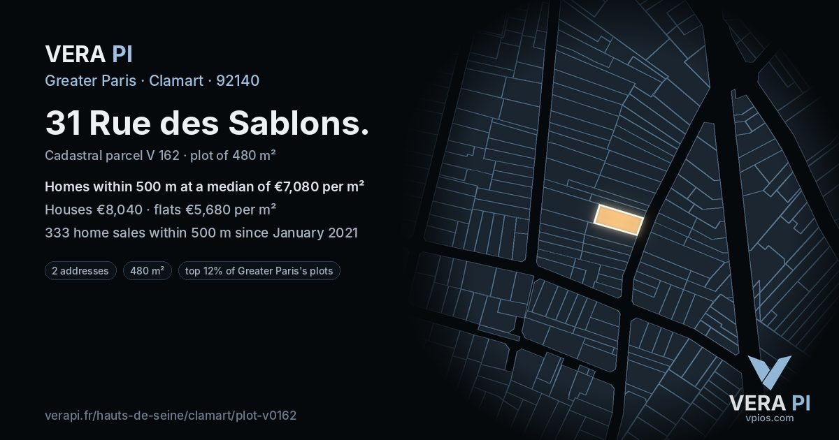31 Rue des Sablons, Clamart at night – the plot lit, the parcels around coloured by the prices near them