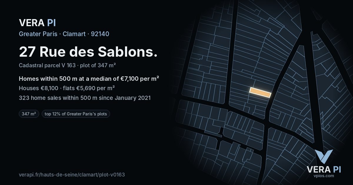 27 Rue des Sablons, Clamart at night – the plot lit, the parcels around coloured by the prices near them