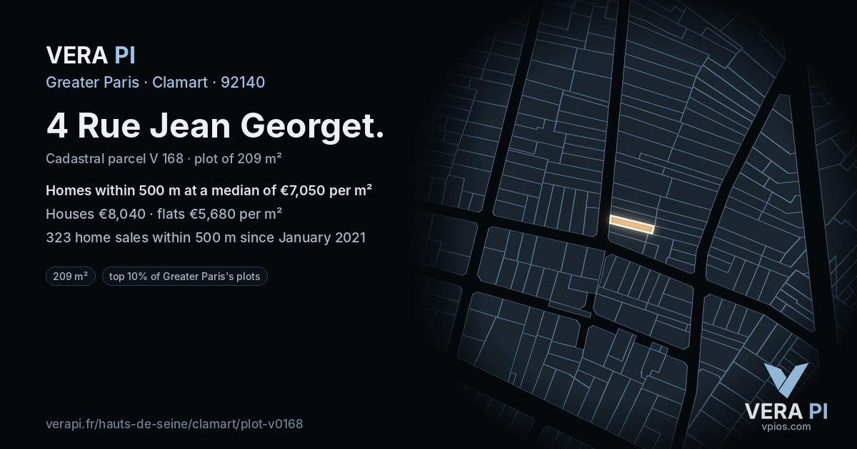 4 Rue Jean Georget, Clamart at night – the plot lit, the parcels around coloured by the prices near them